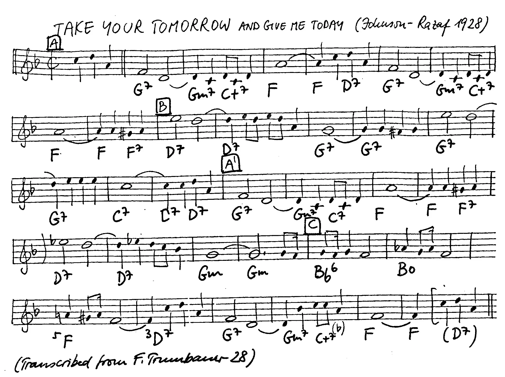 take your tomorrow free jazz leadsheet - Courtesy of the Jungle Jazz Band